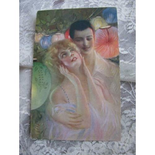 Oude Art Deco kaart / gesigneerd - Dame & Heer Lampion