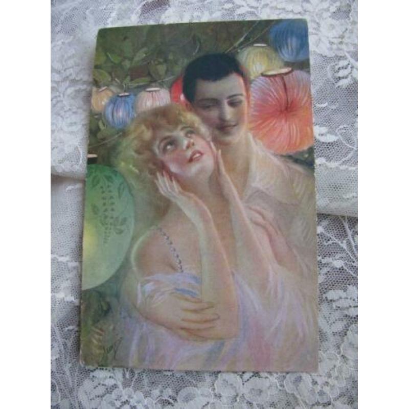 Oude Art Deco kaart / gesigneerd - Dame & Heer Lampion