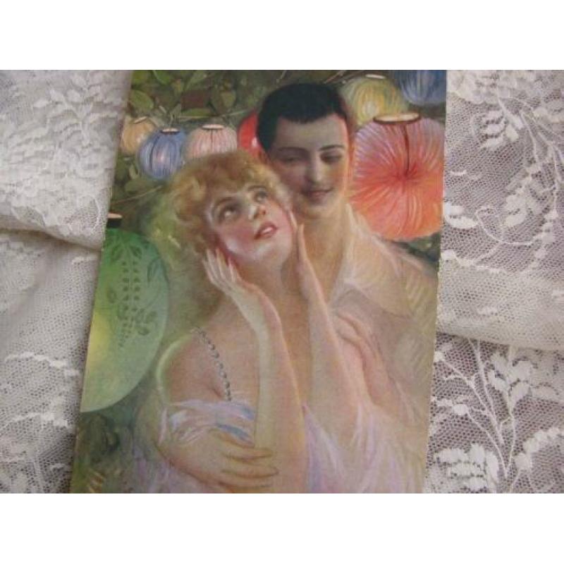 Oude Art Deco kaart / gesigneerd - Dame & Heer Lampion