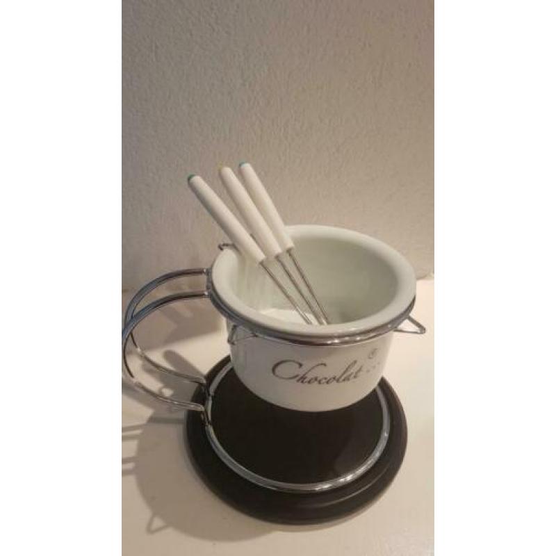 Chocolade fondueset leuke combi metaal, keramiek en hout