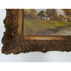Oud schilderij kasteel huisjes bomen molen op houtpaneel