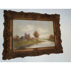 Oud schilderij kasteel huisjes bomen molen op houtpaneel