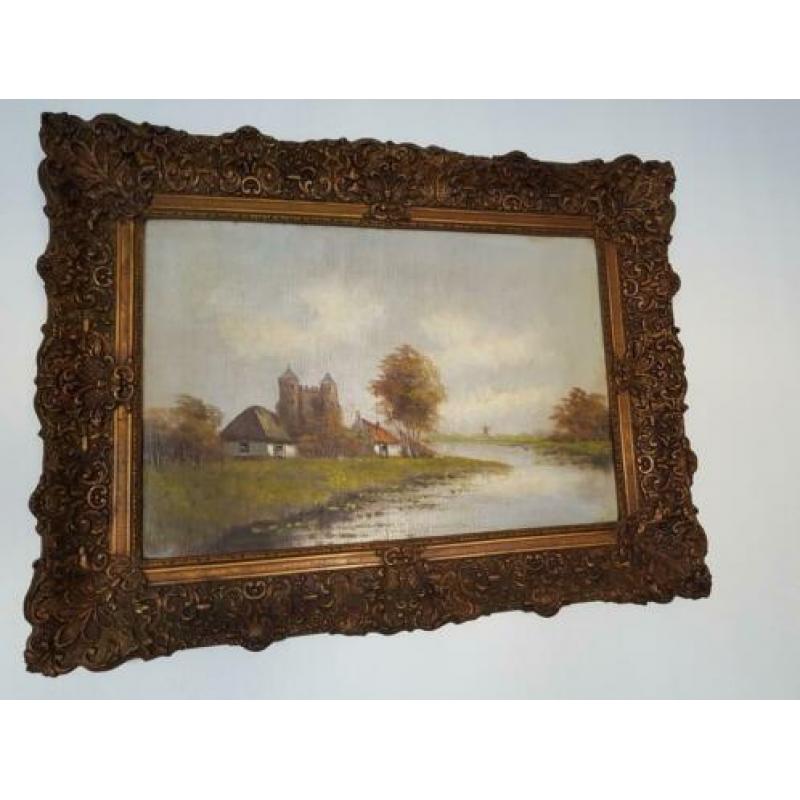 Oud schilderij kasteel huisjes bomen molen op houtpaneel