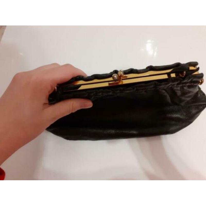 Vintage 1970 70s leren clutch avondtas zwart kniptas