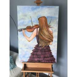 Olieverf schilderij. Vrouw met viool. 100X70 cm