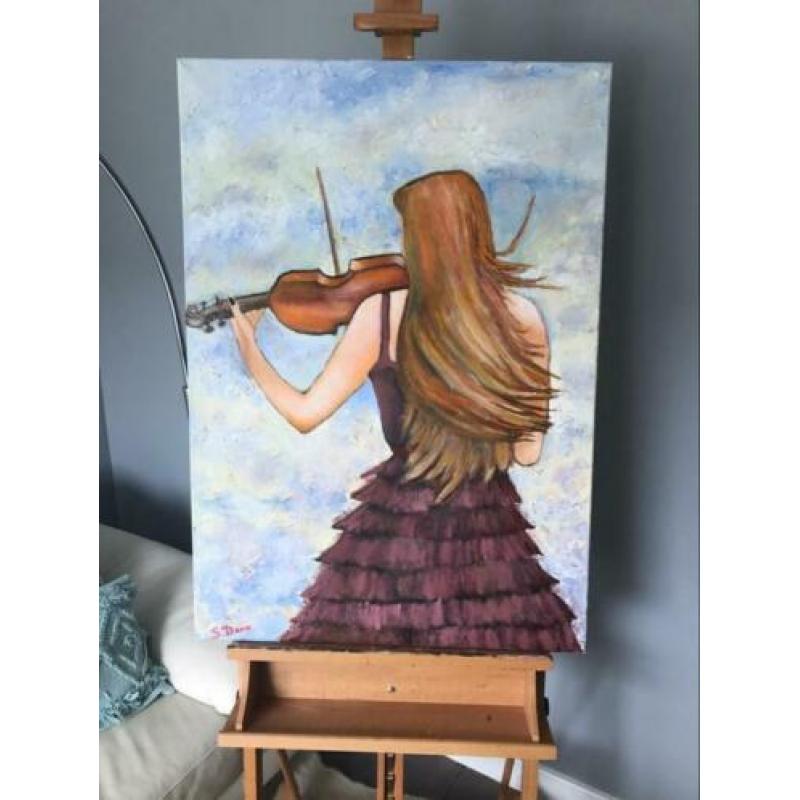 Olieverf schilderij. Vrouw met viool. 100X70 cm