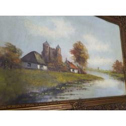 Oud schilderij kasteel huisjes bomen molen op houtpaneel