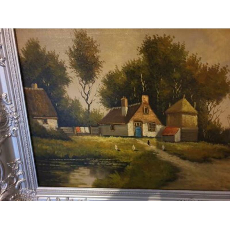 Oud Olieverfschilderij boerderij met kippen