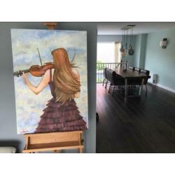 Olieverf schilderij. Vrouw met viool. 100X70 cm