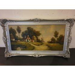 Oud Olieverfschilderij boerderij met kippen