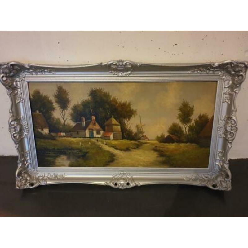Oud Olieverfschilderij boerderij met kippen