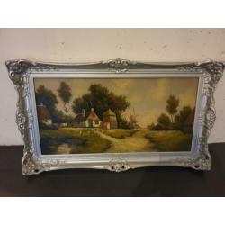 Oud Olieverfschilderij boerderij met kippen