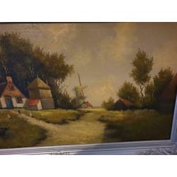 Oud Olieverfschilderij boerderij met kippen
