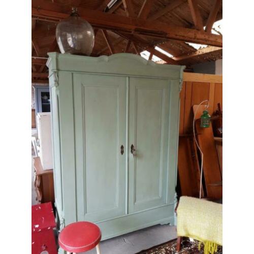 Brocante/Vintage oude groene eiken kast servieskast