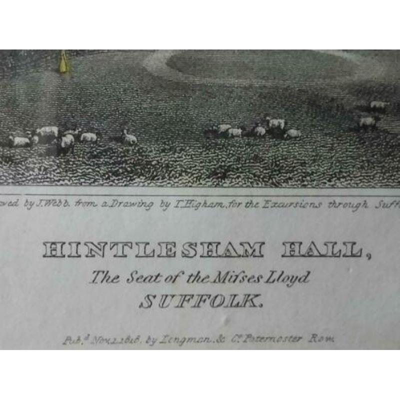 Antieke ingelijste ets uit Engeland van Hintlesham hall.