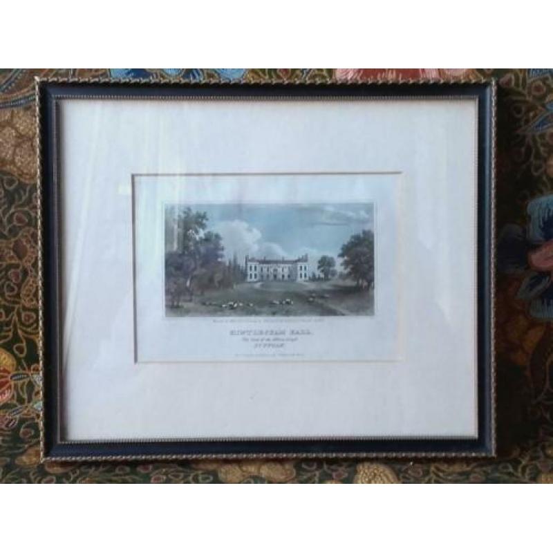Antieke ingelijste ets uit Engeland van Hintlesham hall.