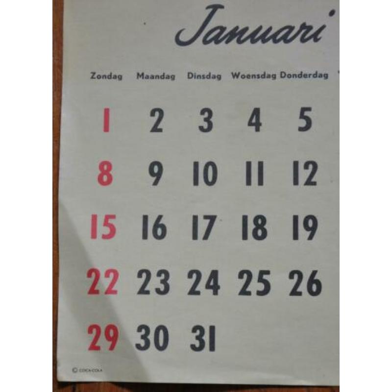 Oude Coca Cola Poster. Kalender Januari, Februari 1950