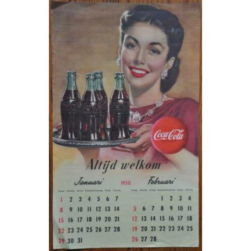 Oude Coca Cola Poster. Kalender Januari, Februari 1950