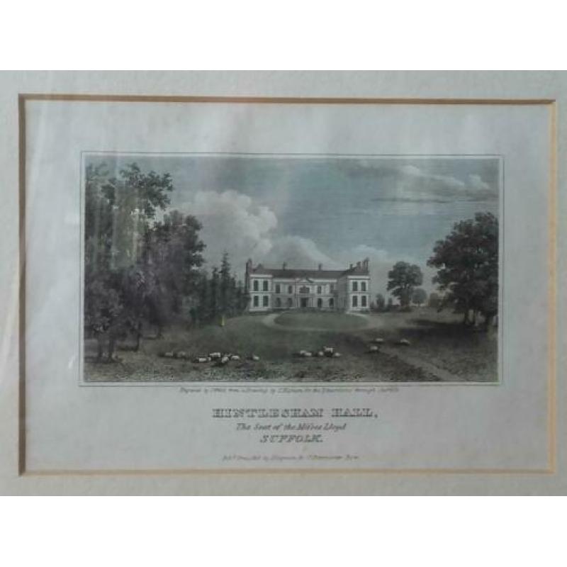Antieke ingelijste ets uit Engeland van Hintlesham hall.