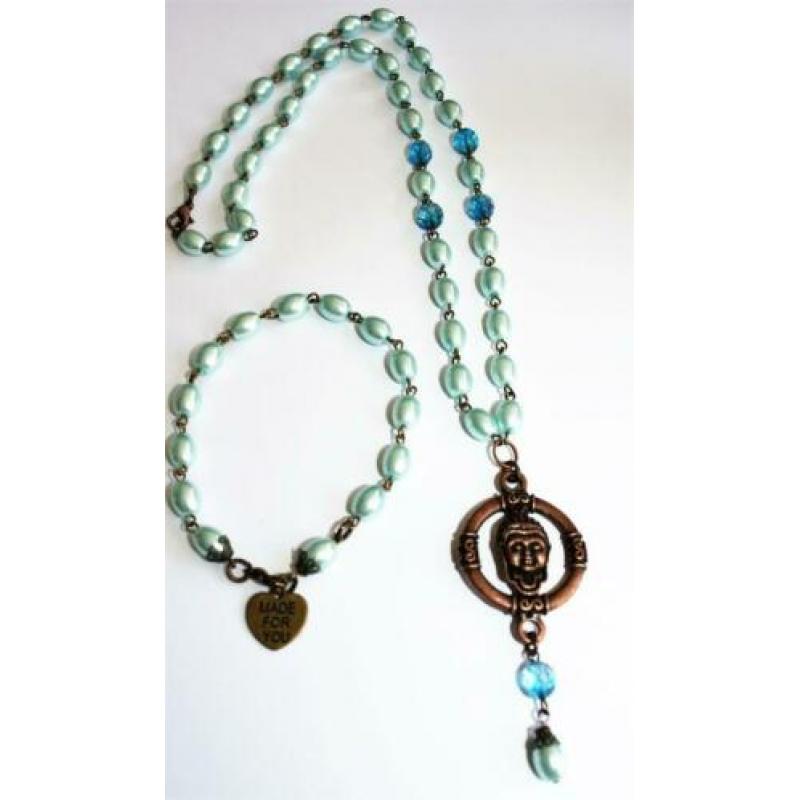 Set van een ketting en armband blauw, brons met boeddha