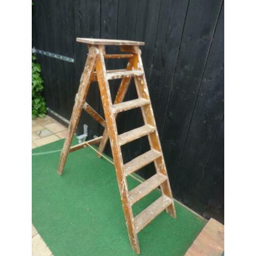 antieke houten schilderstrap/ ladder, 6 trede, 145 cm hoog