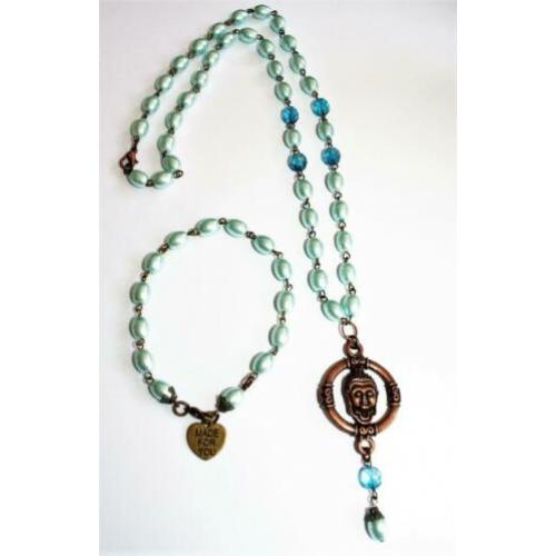 Set van een ketting en armband blauw, brons met boeddha