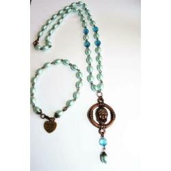 Set van een ketting en armband blauw, brons met boeddha