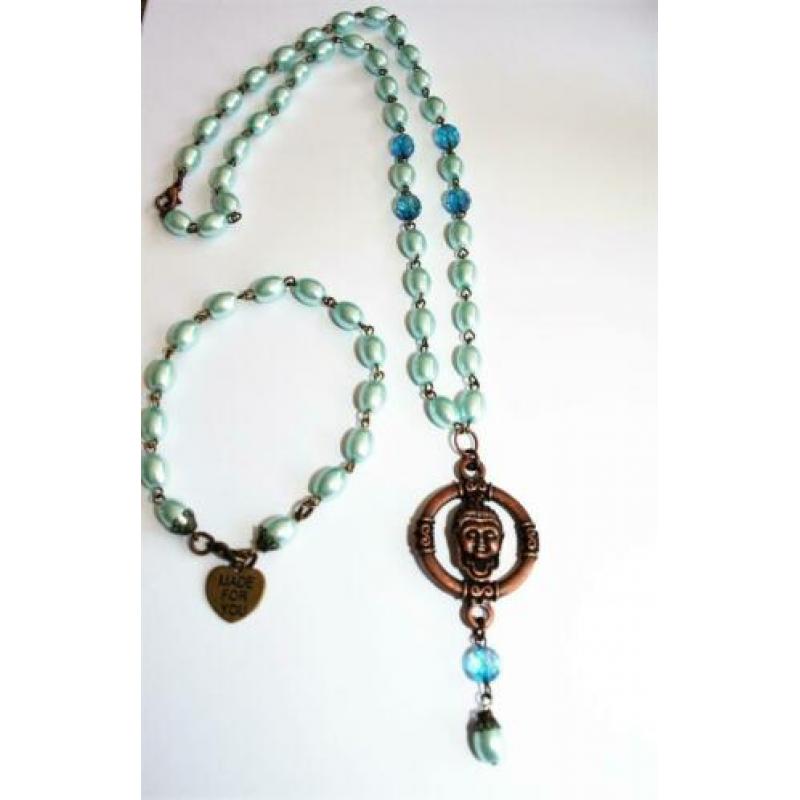 Set van een ketting en armband blauw, brons met boeddha
