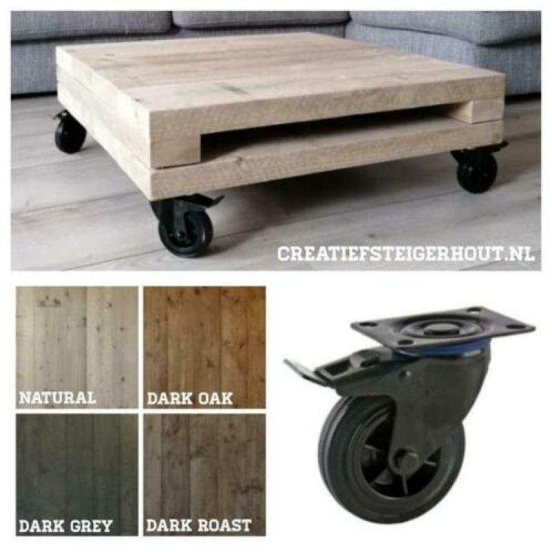 Salontafel op wielen zwart en blad van steigerhout hout