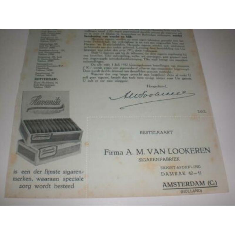 Reclame voor Sigarenfabriek A.M van Lookeren A'dam 1932