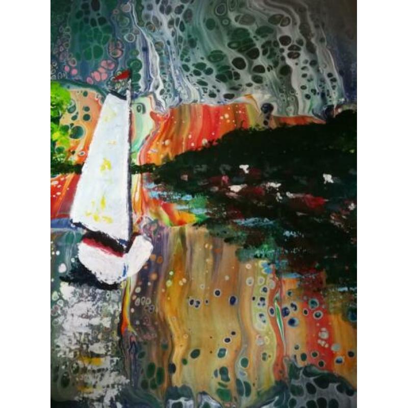 Schilderij "huisjes aan de rivier" acryl gieten