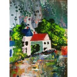 Schilderij "huisjes aan de rivier" acryl gieten