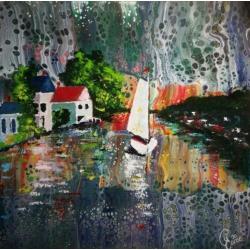 Schilderij "huisjes aan de rivier" acryl gieten