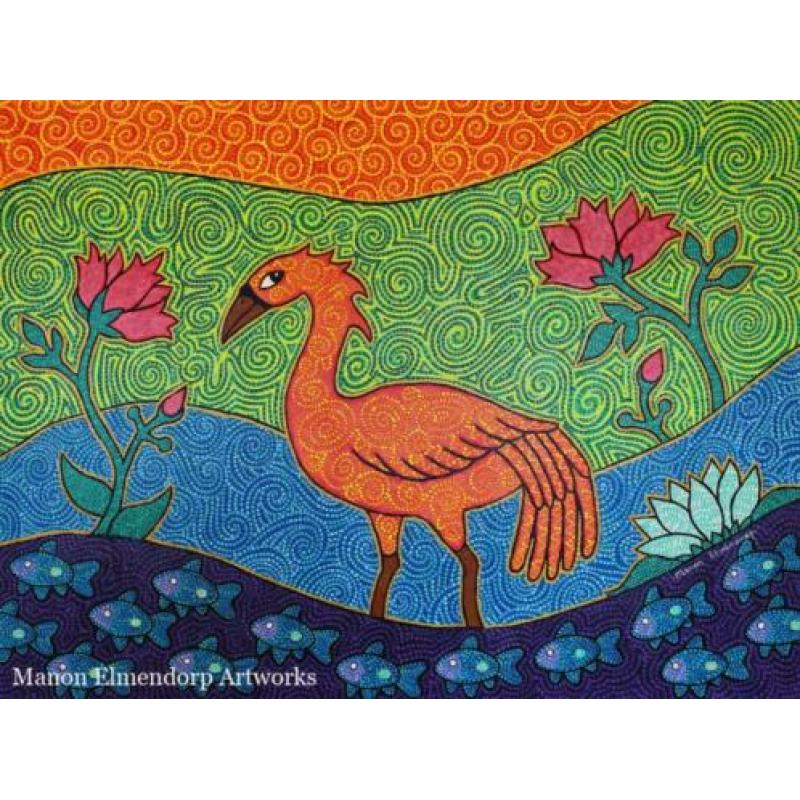Handgeschilderd Schilderij "Red Riverbird" 60x80cm Kunst