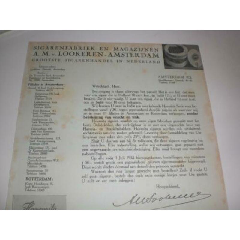Reclame voor Sigarenfabriek A.M van Lookeren A'dam 1932