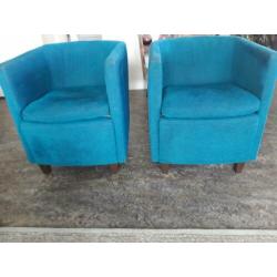 2 prachtige blauw/groene merk fauteuiltjes met d bruine poot