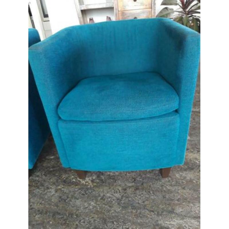 2 prachtige blauw/groene merk fauteuiltjes met d bruine poot
