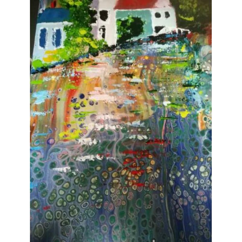 Schilderij "huisjes aan de rivier" acryl gieten
