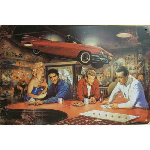 Beroemdheden elvis marilyn enz onder auto reclamebord metaal