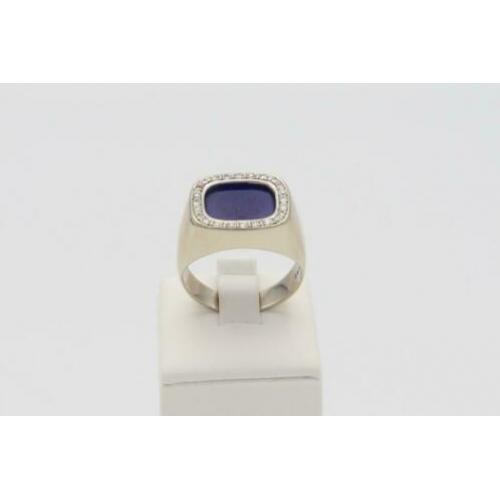 14 Krt. Gouden herenring met lapis lazuli en 24 x diamanten.