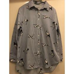 Cherry koko blouse tuniek blauw wit strepen vogels m 40 zgan