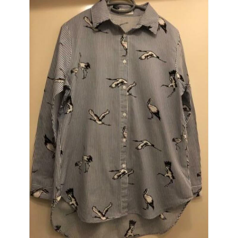 Cherry koko blouse tuniek blauw wit strepen vogels m 40 zgan