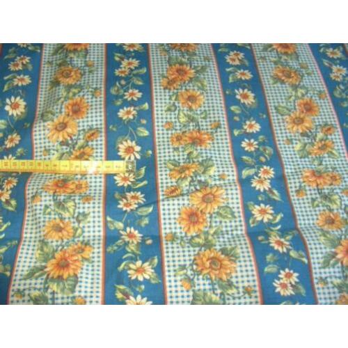 quilt stof zonnebloem blauw met strepen 0,5 meter 2,25