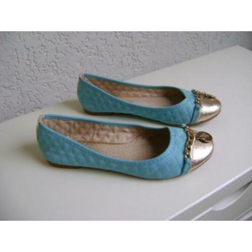 blauwe ballerina,s met goudkleurige neus met muntjes mt 36
