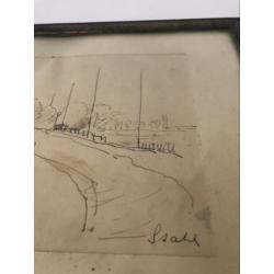 Oude gesigneerde tekening boerderij landweg