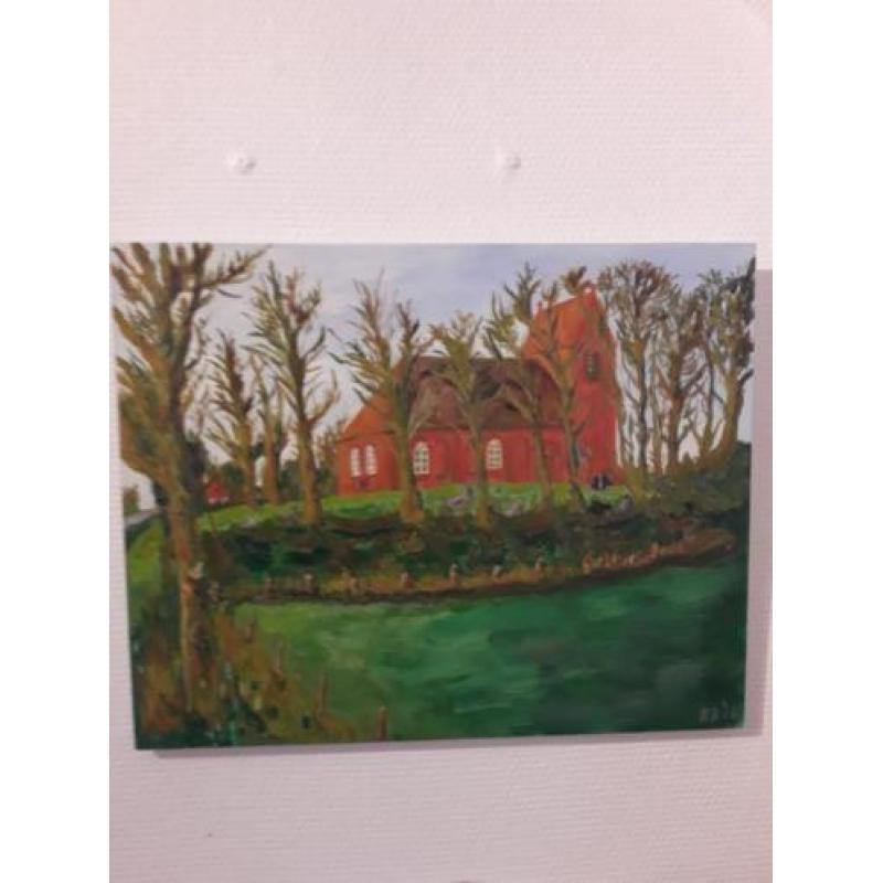 Schilderij klassiek acrylverf kunst: Kerk op terp Oostum.