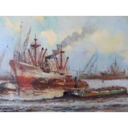 Wim Bos; Rotterdam's Havengezicht. Olieverf op doek