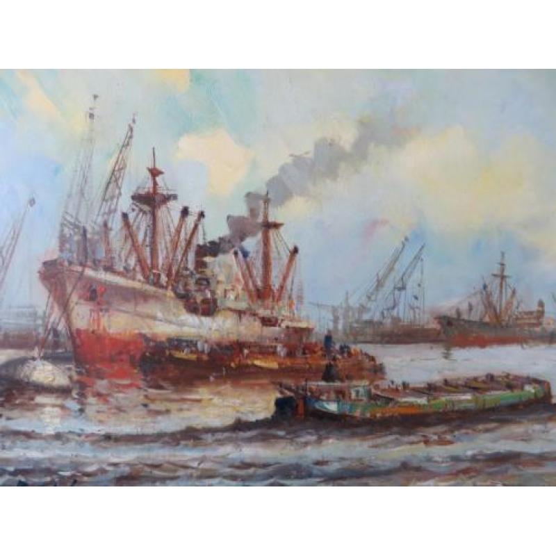 Wim Bos; Rotterdam's Havengezicht. Olieverf op doek