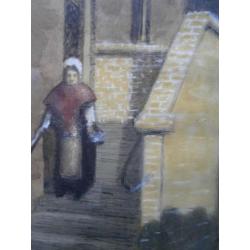 Aquarel van een Oude Vrouw op een trapje, sign Van Zoelen