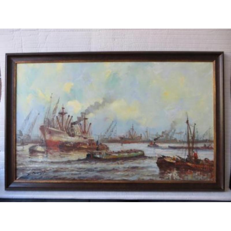Wim Bos; Rotterdam's Havengezicht. Olieverf op doek